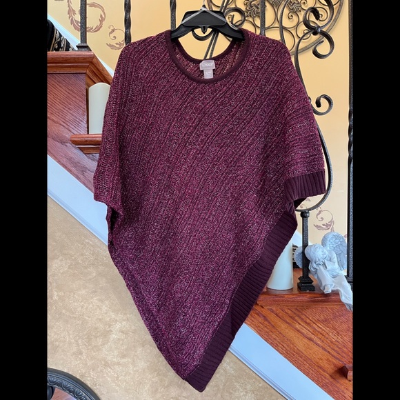 Chico’s Metallic Knit Triangle Poncho In Poppin Wine Berry - Picture 10 of 11